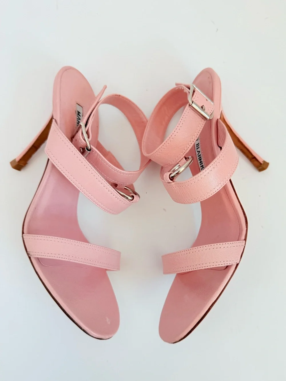 Vintage Y2K Manolo Blahnik Pink Leather O-Ring Ankle Strap Heels 38
